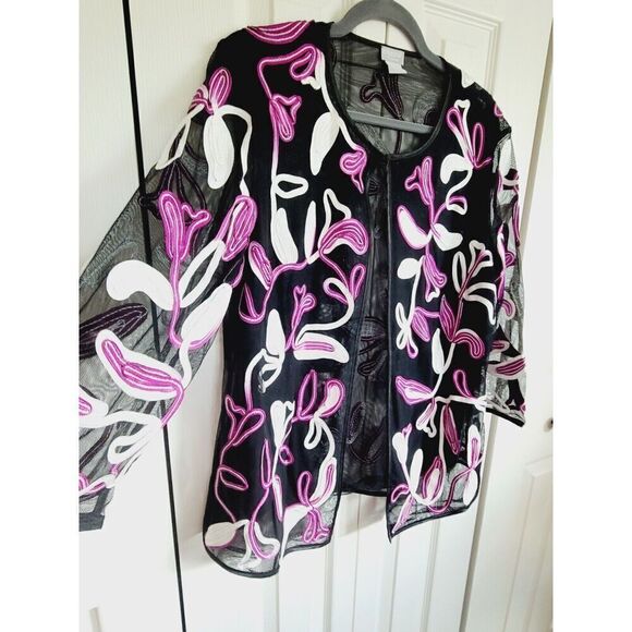 Chico's 1 Mesh Floral Embroidered Jackets‎ Size Medium Purple Black White - Picture 4 of 7